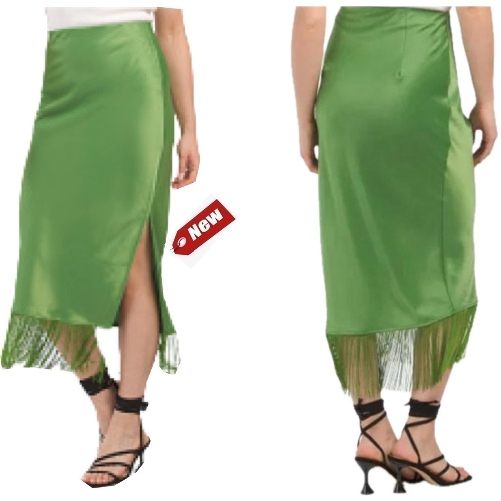 Rachel Zoe Green satin effect fringe tassel trim midi slip skirt Sz 6 NWT